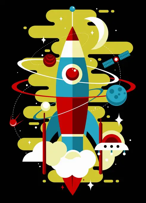 Retro rocket exploring outer space with orbiting planets, satellite and spaceship