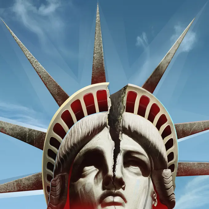 Close up of head of Statue of Liberty cracking