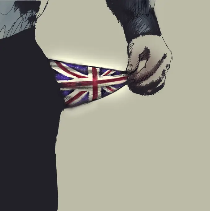 Man with empty British Union Jack flag pocket