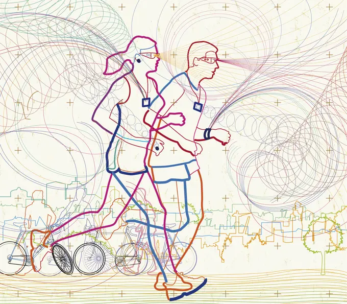 Man and woman running together in city using fitness activity trackers