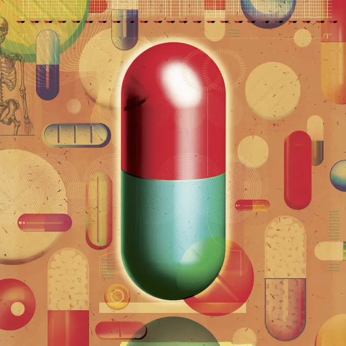 Large capsule standing out from the crowd of various pills and medicine