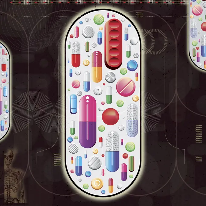 Lots of pills and medicine inside of large capsule