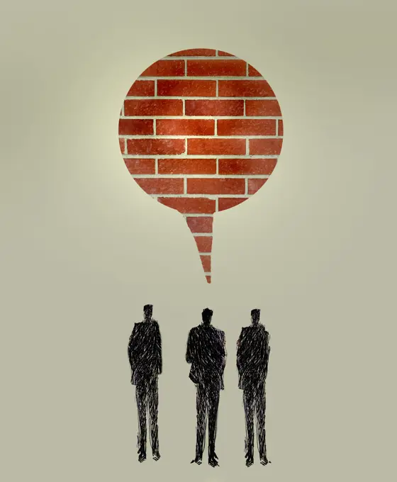 Brick wall speech bubble above three businessmen with communication problems