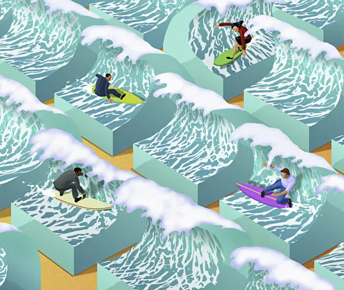 Business people surfing separate waves