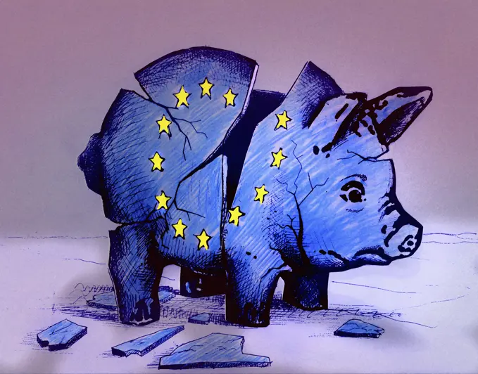 European Union flag on broken piggy bank