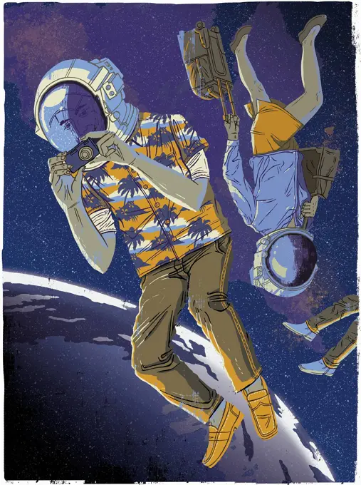 Tourists wearing space helmets floating in space above earth