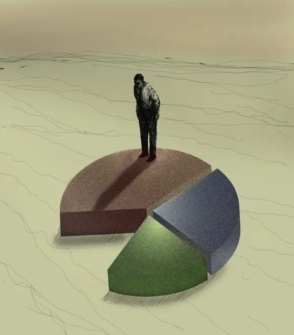 Businessman standing on top of pie chart looking at missing piece