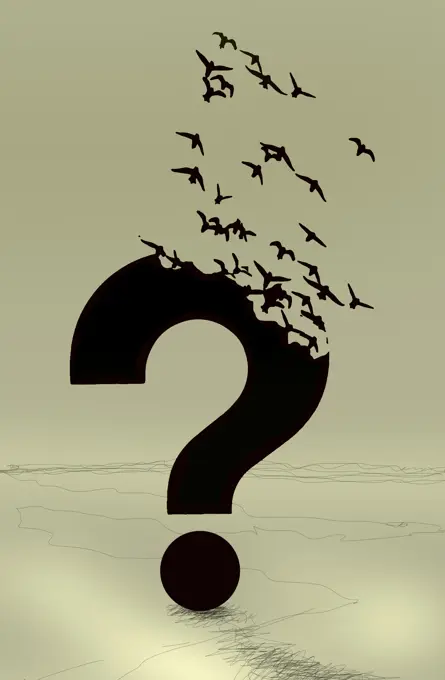 Flock of birds flying away from breaking up question mark