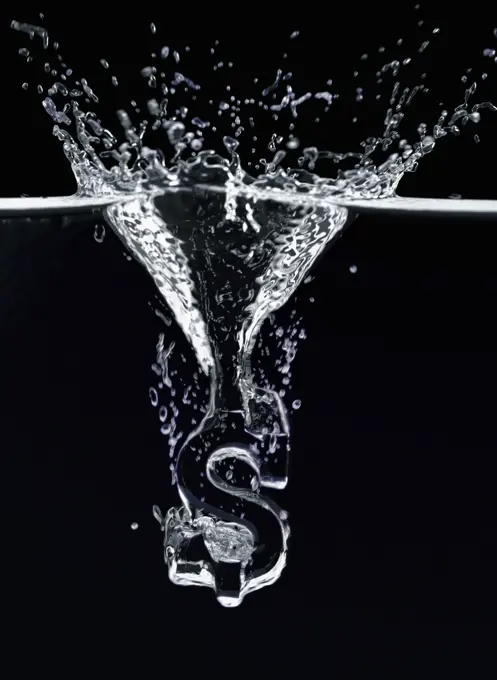 Dollar sign falling into water and splashing