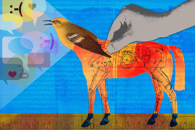 Bird as head on mechanical horse tweeting and social networking