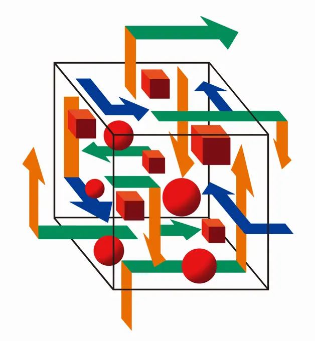 Abstract three dimensional puzzle of sphere and cubes with arrows pointing in different directions