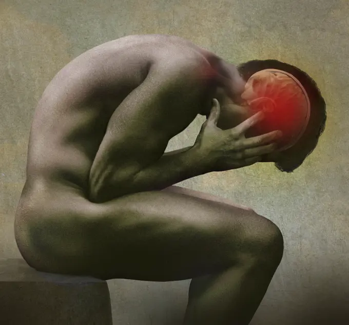 Computer generated image of man bent double suffering with headache pain