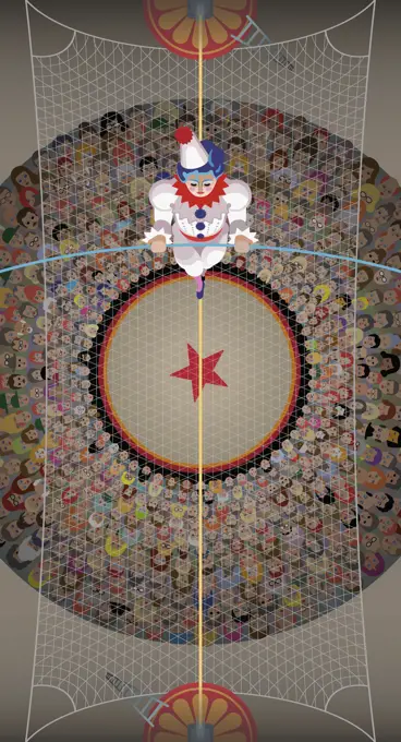 Overhead view of clown walking the high wire above the circus crowd