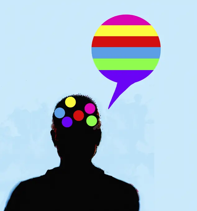 Man thinking and speaking in rainbow colours