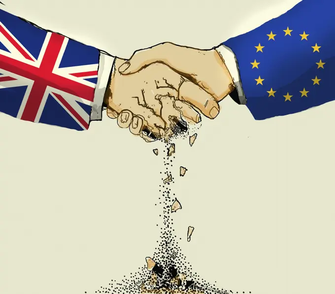 British hand crumbling in handshake with European Union