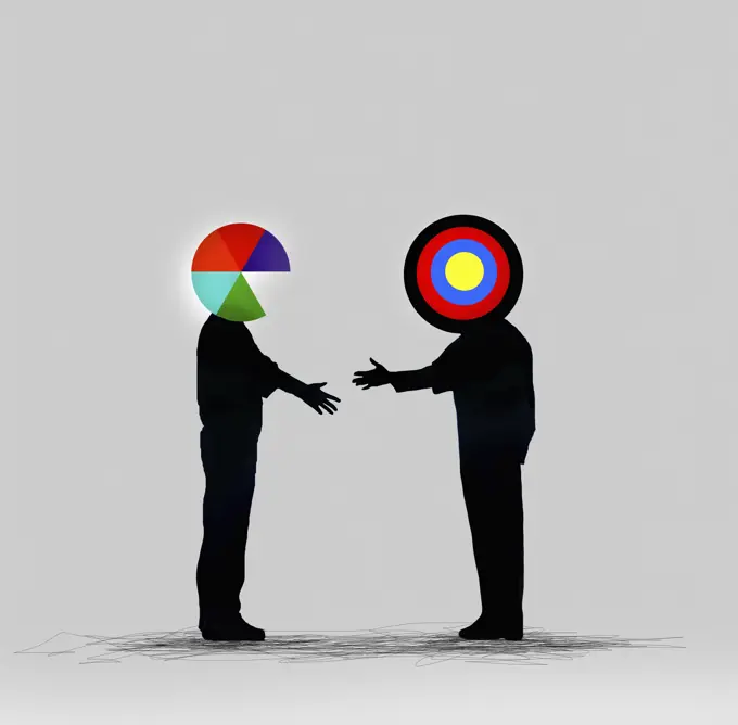 Pie chart businessman shaking hands with target businessman