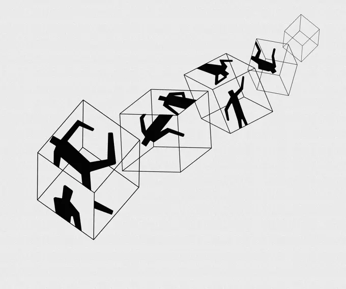 Silhouette people trapped inside of cubes