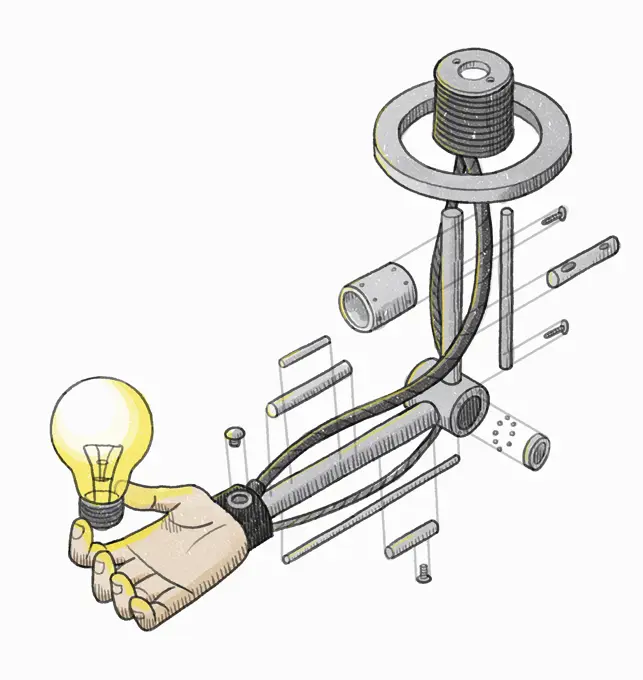 Disassembled robotic arm holding light bulb