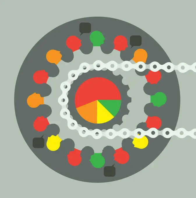 People connected on multi coloured bike gear cog