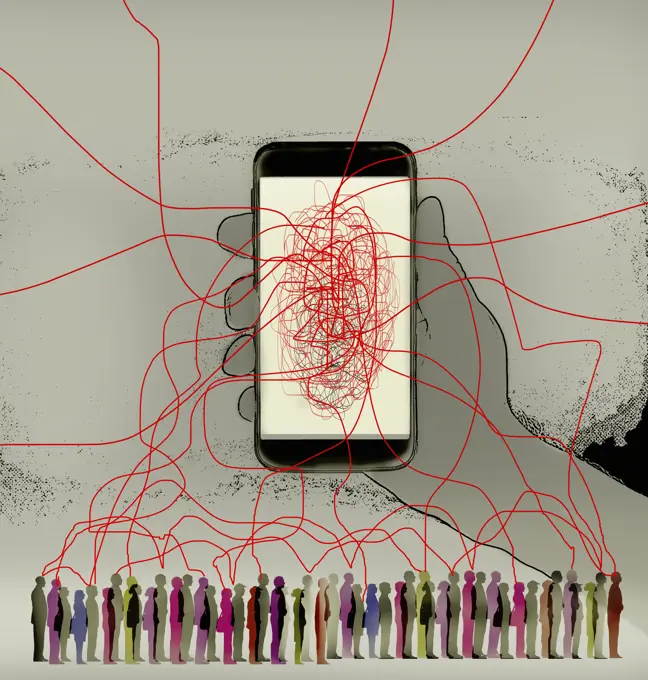 Tangled lines connecting smart phone to lots of people