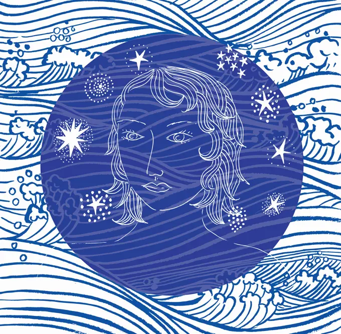 Woman's face on abstract ocean wave pattern