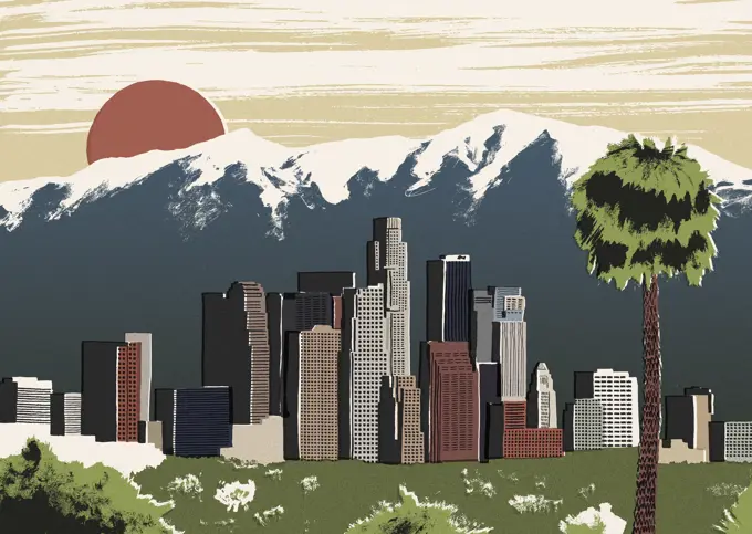 Illustration of Los Angeles cityscape against mountain peaks