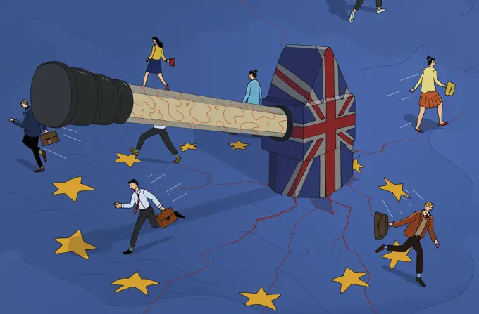 UK hammer breaking up the European Union flag