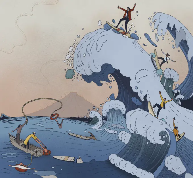 The ups and downs of business in parody of Hokusai's wave