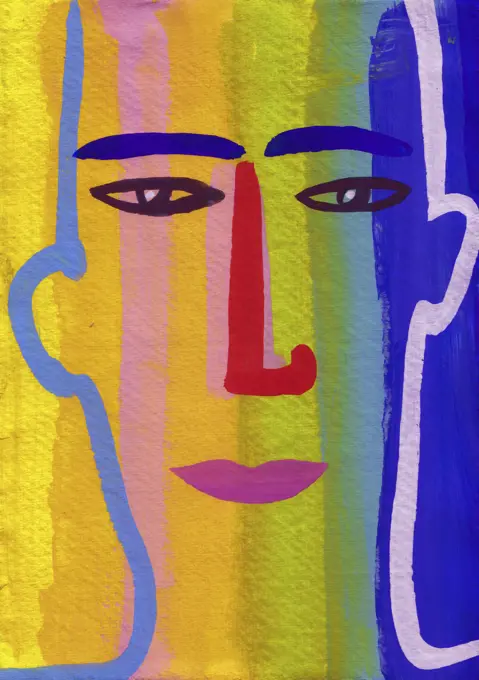 Close up of man's face in rainbow flag colours