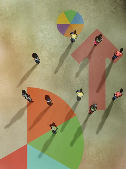 Overhead view of people standing on pie charts and arrow