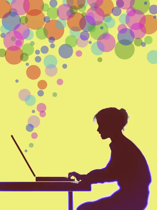 Colourful bubbles streaming from woman's computer