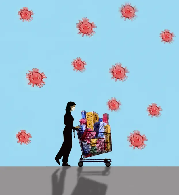 Woman wearing mask pushing supermarket trolley