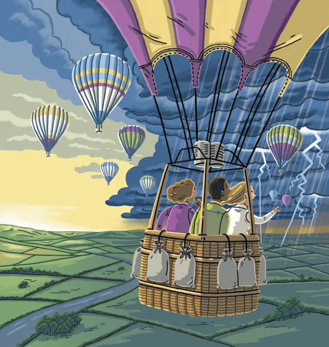 Children in hot air balloon heading for stormy weather