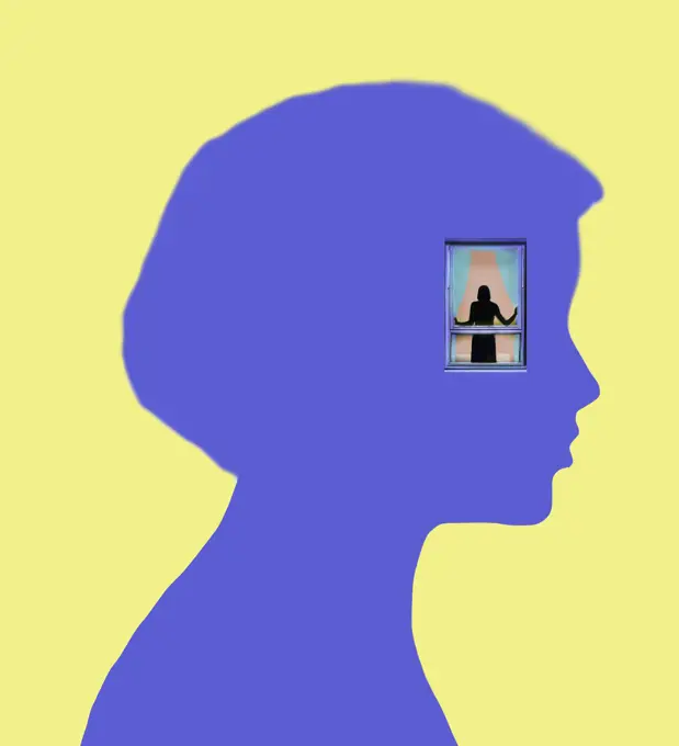 Figure looking out from window inside head