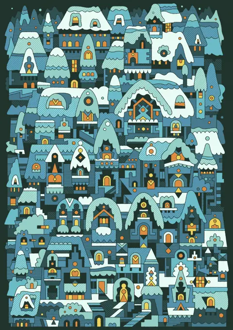 Abstract pattern of rows of houses in snow