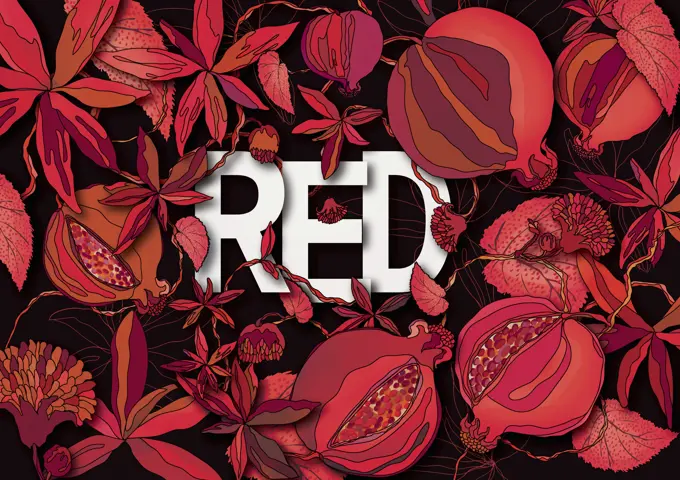 The word RED surrounded by foliage and seed head pattern