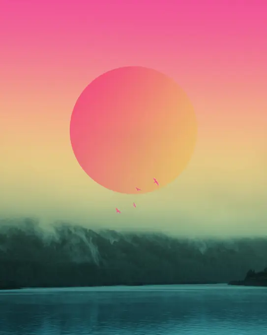 Huge sun in pastel coloured sky above lake