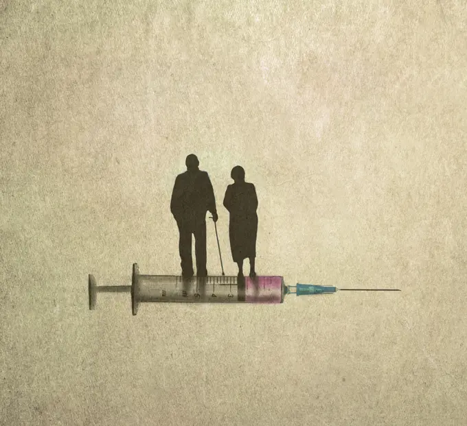 Elderly couple standing on syringe