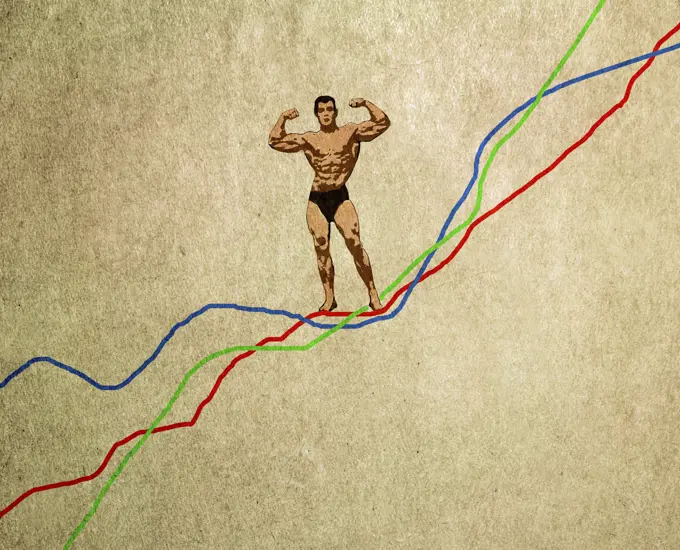 Bodybuilder posing on top of line graph