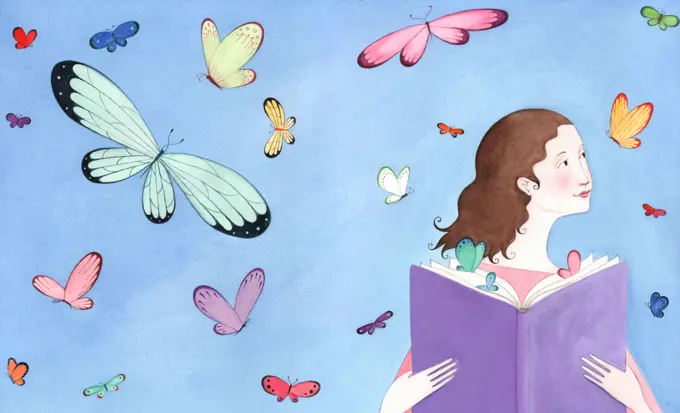 Butterflies flying around girl reading book