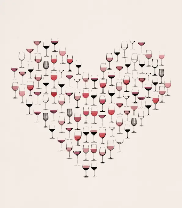 Red wine in glasses forming heart