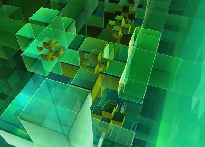 Abstract pattern of digitally generated multi_layered transparent green cubes