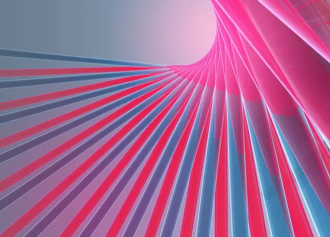 Abstract digitally generated pink and blue lines forming fan shape