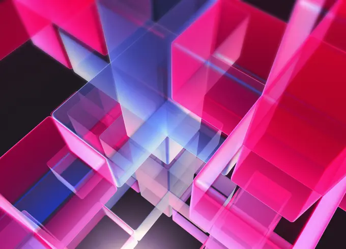 Abstract pattern of digitally generated multi_layered transparent pink and blue cubes