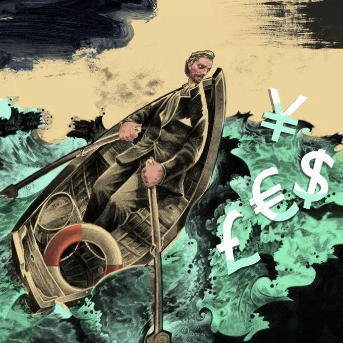 Man rowing boat in stormy ocean to rescue currency symbols