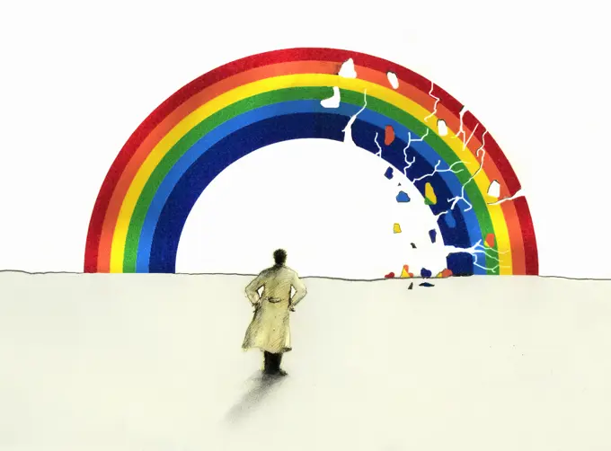 Man in trench coat looking at cracking rainbow