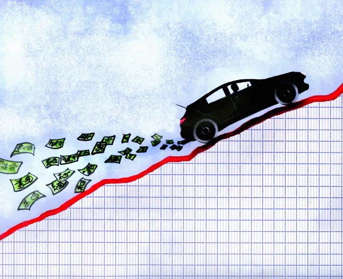 Car on ascending line graph with money emerging from exhaust