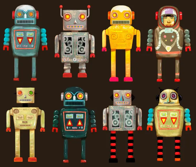 Variety of robots in a row