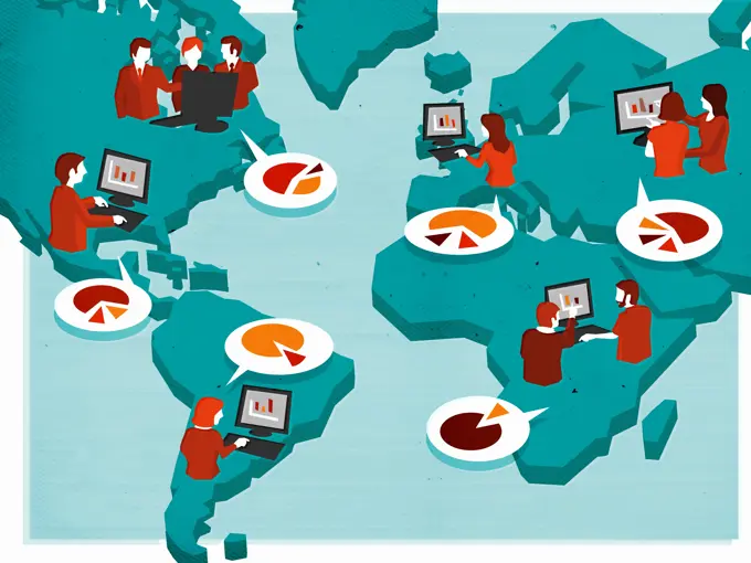 Business people using computers sharing information across world map