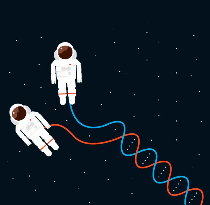 Double helix hose connecting to astronauts spacewalking in space suits